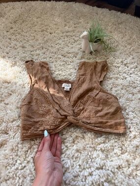 Soft Jasper Twist-Front summer women’s going out Crop Top in Warm Brown top in w